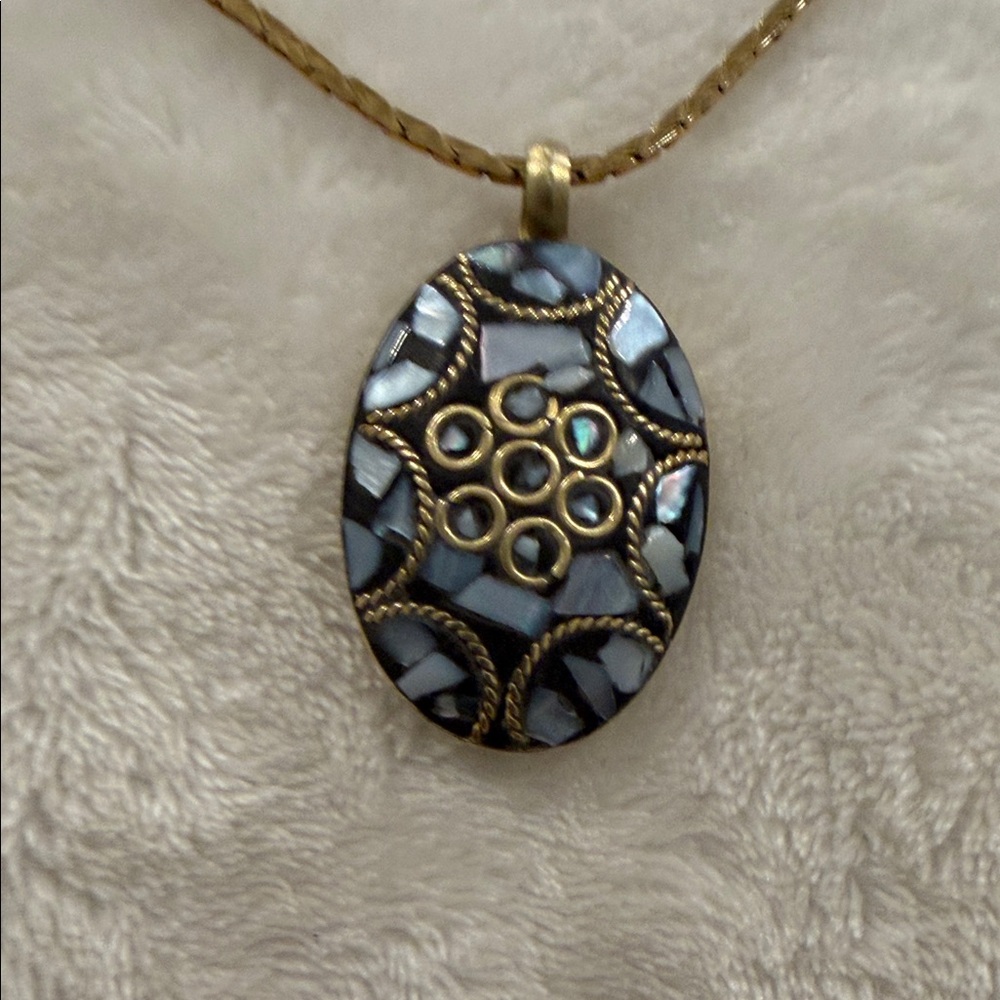 Intricate Gold Tone and Blue Mosaic Necklace - Picture 11 of 13